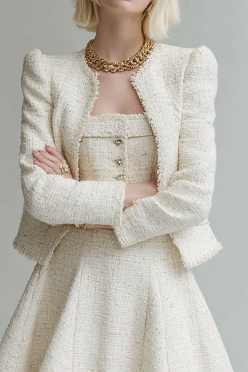 2-Piece White A Line Tweed Skirt Suit